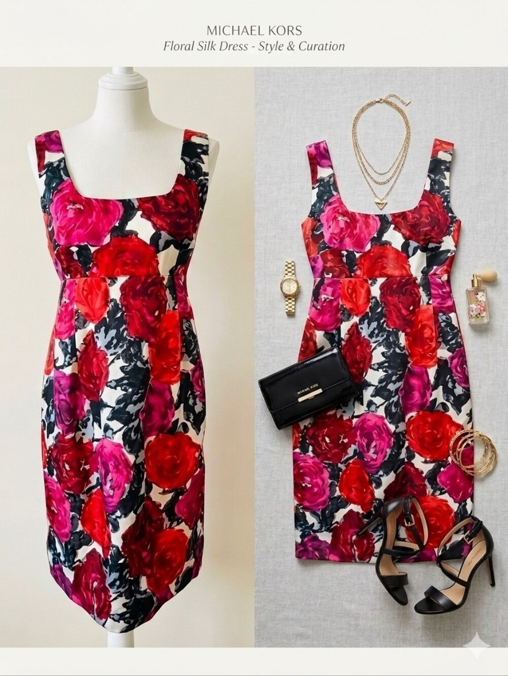 MICHAEL Michael Kors Silk Red And Black Floral Midi Dress Size 6 Fully Lined EUC
